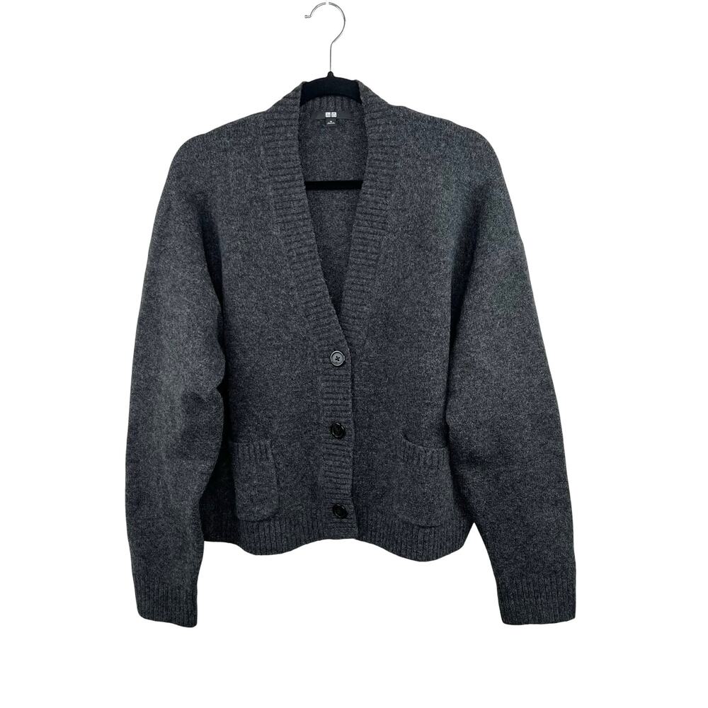 UNIQLO Soft Knit Cardigan Sweater Charcoal Gray V-Neck Oversized Slouchy Medium